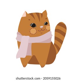 Red kitten in a knitted scarf in a cartoon style in pastel colors. Winter vector illustration isolated on white background.