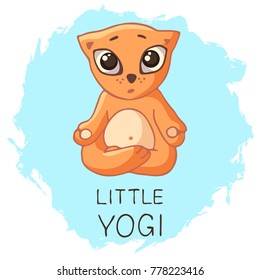 A red kitten in a lotus pose with the inscription "little yogi" in the style of a cartoon. Vector image of hand-drawn isolated on white.