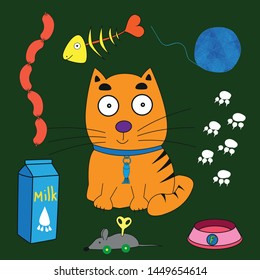 Red kitten on a dark green background and a set consisting of a package of milk, sausages, bowls for food, fish skeleton, a ball of thread.