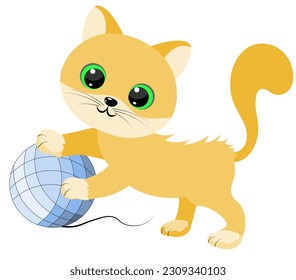 Red kitten plays with a ball of wool. Vector illustration