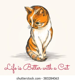 Red kitten in sketch style with wording life is better with a cat. Free font used.