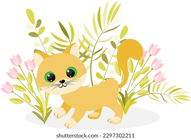Red kitten walks near plants and tulips. Vector illustration