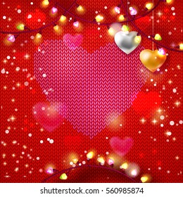 Red kitting background with heart and lights. Vector illustration for Holiday card design. Typography greeting card, banner, poster. Abstract Valentine's day background.