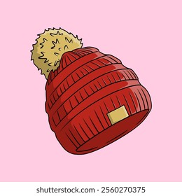 Red knit beanie with brown pom poms on the top