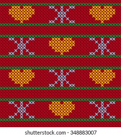 red knit pattern heart and snowflake