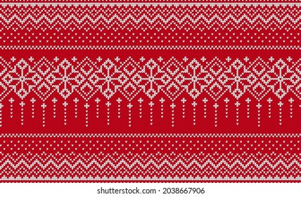 Borde sin costuras de punto rojo. Textura de punto. Patrón de Navidad. Las vacaciones justas son un fondo tradicional. Impresión navideña. Ornamento festivo. Pulmante de suéter geométrico. Ilustración vectorial.