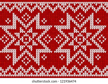 Red knit with stars in Norwegian style, vector seamless pattern