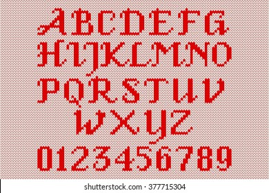 Red knitted alphabet and figures on a white background. Realistic vector illustration. Can be used in your design. Vintage style.