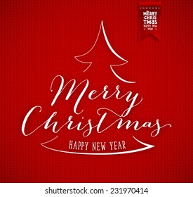 Red Knitted Background with Christmas Label. Holiday Design