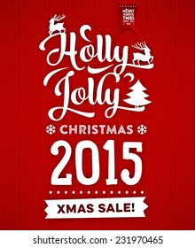 Red Knitted Background with Christmas Label. Holiday Design