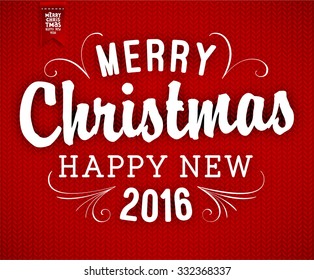 Red Knitted Background with Christmas Label. Holiday Design.