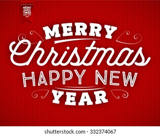 Red Knitted Background with Christmas Label. Holiday Design.