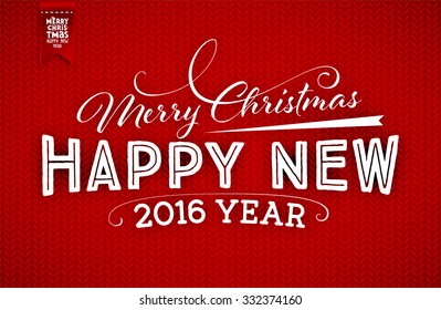 Red Knitted Background with Christmas Label. Holiday Design.