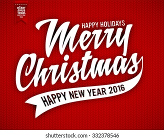 Red Knitted Background with Christmas Label. Holiday Design.