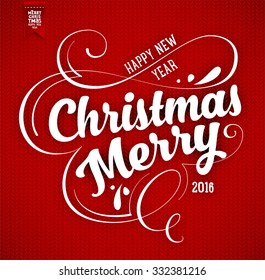 Red Knitted Background with Christmas Label. Holiday Design.