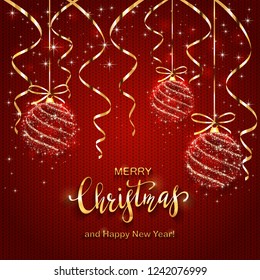 Red knitted background with streamers and shining Christmas balls. Golden lettering Merry Christmas and Happy New Year, illustration.