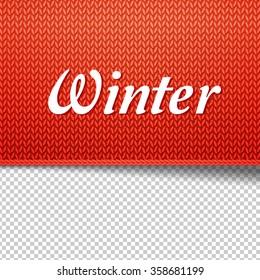 Red knitted background with Winter header. Winter holidays and special business offers banner design. Hand made wool knitted background. Textured textile season template. Warm wishes illustration.
