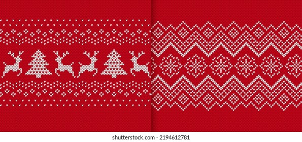 Borde de punto rojo. Huellas de cuchillos de Navidad. Patrón sin foco. Textura de sudor. Los adornos tradicionales de la isla son justos. Fondo geométrico de vacaciones. Crochet festivo. Marco de lana pullover. Ilustración del vector