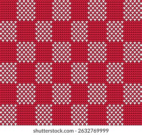 Red Knitted Checkered Pattern with White Hearts Seamless Cozy Valentine’s Style Design for Fabric, Digital Paper, and Crafts