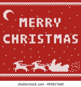 Red knitted Christmas background with Santa, sleigh and reindeer. Christmas card with Merry Christmas inscription. Vector illustration.