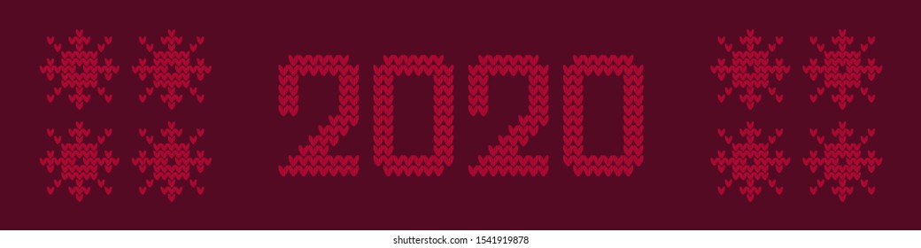 Red knitted Christmas banner. Vector illustration for web design or print.