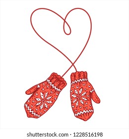 Red knitted Christmas mittens isolated on white background. Vector sketch illustration for greeting card, banner, website and holiday decor