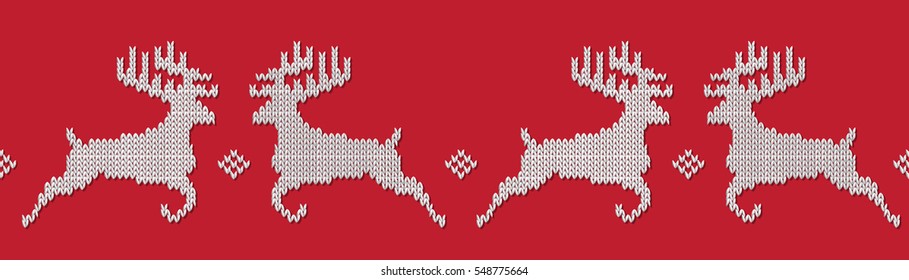 Red knitted Christmas seamless pattern with deers. Norwegian ornament. All elements separate and editable. Vector background
