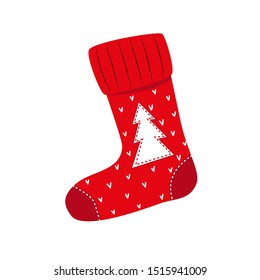 Red knitted Christmas Sock with christmas tree applique. Vector illustration. 