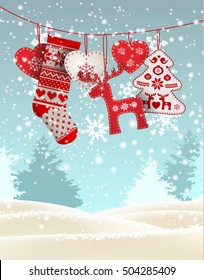 Red knitted christmas stocking with nordic patterns, with some scandinavian traditional decorations hanging in front of simple winter landscape, vector illustration, eps 10 with transparency and