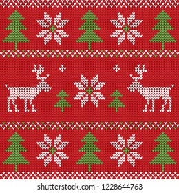 Red knitted Christmas sweater with deer and signs seamless pattern