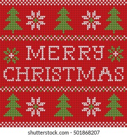 Red knitted Christmas sweater with deer and signs seamless pattern.