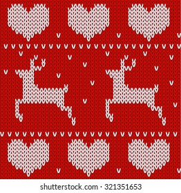 Red Knitted deers sweater in Norwegian style. Knitted Scandinavian ornament. Vector seamless pattern