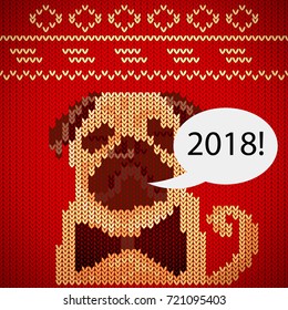 red knitted dog 2018. Vector Christmas card with a cartoon dog. 2018 year of the dog.