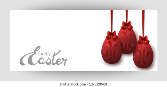 Red knitted egg with a bow. Celebratory banner. Festive Inscription of the lettering "Happy Easter". Vector.
