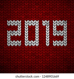 Red knitted fabric with a knitted pattern 2019. Realistic illustration.