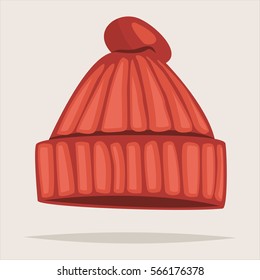 Red knitted hat. Vector cartoon icon isolated on a background.