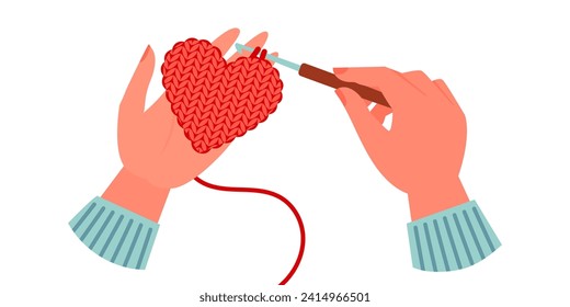 Red knitted heart. Knit Heart crochet for Valentine's Day. Cartoon vector illustration of hands knitting red heart decoration. Female hands holding red heart with crochet hook.