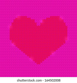 Red Knitted Heart on Purple Seamless Background. Valentine Card