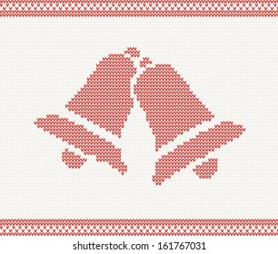 Red knitted illustration with two bells for your design. Christmas concept for banner, placard, billboard or web site. New Year retro greeting card and background. Image for invitation