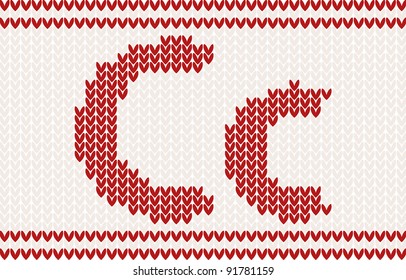 Red knitted Letter c on beige Background. Christmas concept for banner, placard, billboard or web site. New Year retro greeting card and background. Image for invitation