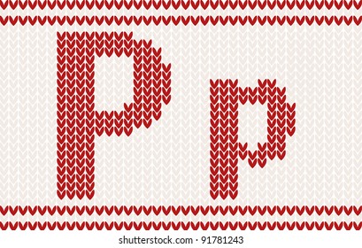 Red knitted Letter p on beige Background. Christmas concept for banner, placard, billboard or web site. New Year retro greeting card and background. Image for invitation.