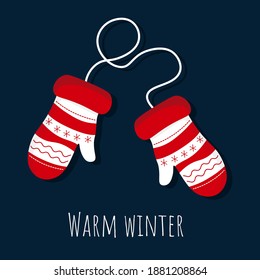 Red knitted mittens. Christmas decoration element. simply to use