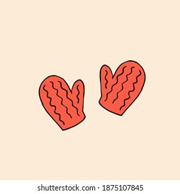 Red knitted mittens. Winter clothing, protection from cold and frost. Vector hand drawn doodle illustration