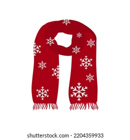 Red knitted scarf illustration isolated on white background. Winter red scarf with Snowflake texture. colored flat illustration. vector eps10