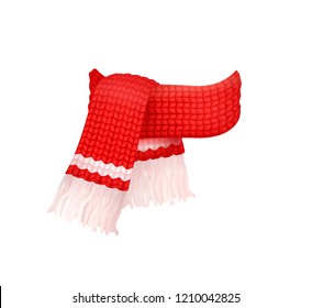 Red knitted scarf with white woolen threads isolated vector icon. Winter cachemire fashion handmade muffler, warm neckerchief accessory, wintertime cloth