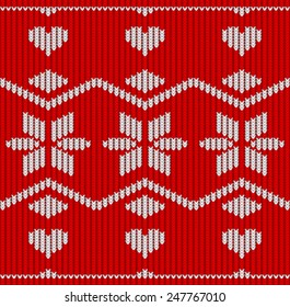 Red knitted seamless pattern with hearts. Vector illustration