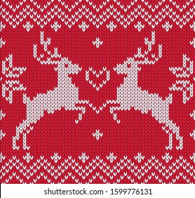 Red knitted seamless pattern with reindeer and snowflakes for texture, paper, fabric textiles. Happy New Year, Christmas and winter concept