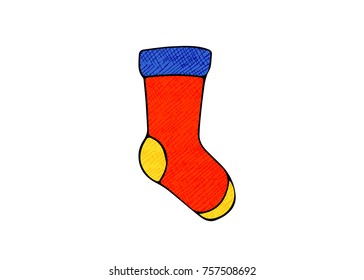 Red knitted sock doodle vector icon on white background. Cozy sock for Christmas present. Winter gift sock. Comfortable house wear doodle. Warm knitwear icon. Red sock for gift. Winter outerwear logo