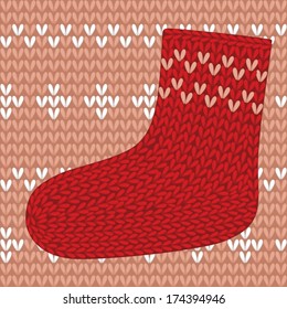 Red knitted sock on seamless pattern.
