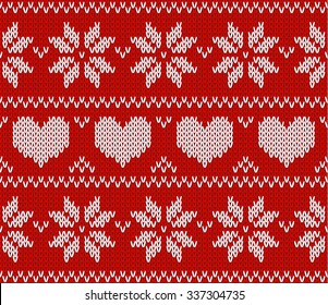 Red Knitted Stars Sweater In Norwegian Style. Knitted Scandinavian Ornament. Vector Seamless Pattern